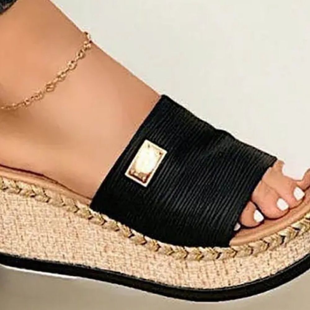 💼 Open Toe Casual Wedge Sandal Black Canvas - Picture 2 of 4